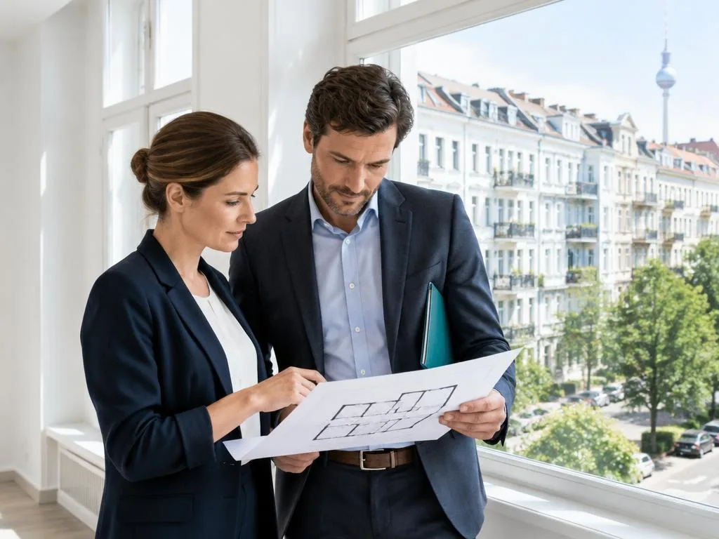 Investoren für Berliner Immobilien prüfen einen Grundriss – Käufernetzwerk von Eigenheim & Invest (Illustration)